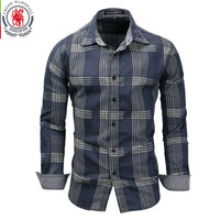 Fredd Marshall 2021 Men Long Sleeve Patchwork Plaid Denim Dress Shirt 100% Cotton Male Business Social Shirts Brand Men Clothing