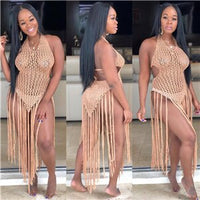 Sexy Adogirl Hand Crochet Fishnet Long Tassel Summer Beach Dress Fashion Sexy Halter Backless Maxi Dress