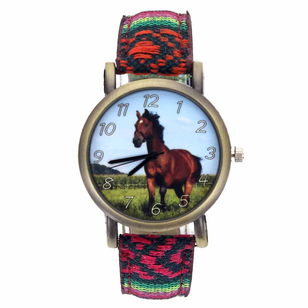 Running Horse Print Animal Unicorn Horses Fashion Men Women Stripes Denim Cloth Canvas Band Sport Quartz Watch