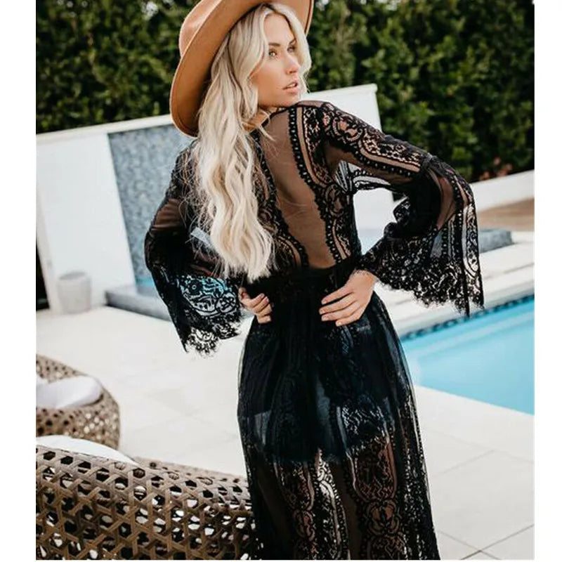 Fashion New Womens Beach Bikini Cover Ups Long Kaftan Lace Floral Summer Crochet Maxi Dress Female Swimwear Bathing Suit