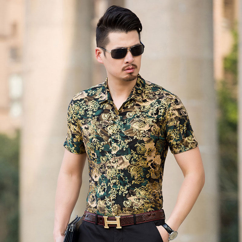 Fashion Gold Bronzing Floral Shirt Men 2022 Luxury Brand Silk Shirt Men Slim Fit Short Sleeve Camisa Hombre Mens Dress Shirts