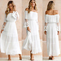 Women Strapless Long Sleeve Loose White Beach Dress Sexy Off Shoulder Lace Boho Women Maxi Dress