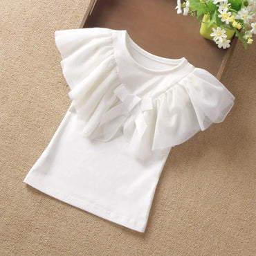 Summer Girls Blouse Kids Shirts Short Sleeve White Yellow Ruffles School Girl Tops Baby Toddler Teen Children's Clothing JW3824A