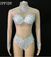 Sexy Mesh Transparent Stones Bodysuit Birthday Party Outfit Rhinestones Rompers Women Singer Team Dance Pink White Blue  Costume