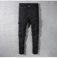 Sokotoo Men's black patchwork stretch denim biker jeans for motorcycle Slim fit skinny ripped pencil pants