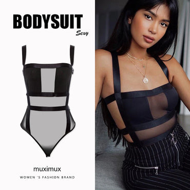 2021 Summer Women Mesh Sexy Bodysuit Autumn Casual Hollow Out Strap Bodycon Black Party Club Bodysuit Body Tops For Women