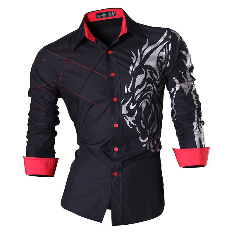 Sportrendy Men&#39;s Shirt Dress Casual Long Sleeve Fashion Dragon Stylish JZS091 Black