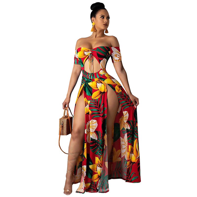 2019 Sexy Print Slit Women Maxi Dresses Summer Strapless Long Dress