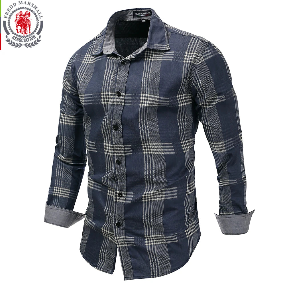 Fredd Marshall 2021 Men Long Sleeve Patchwork Plaid Denim Dress Shirt 100% Cotton Male Business Social Shirts Brand Men Clothing