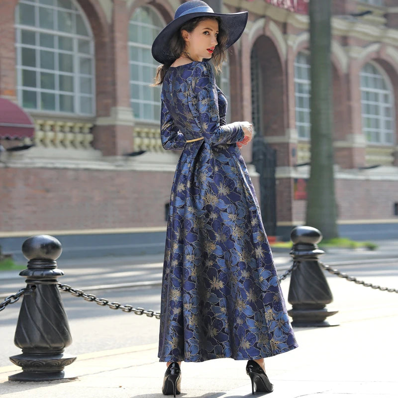 Good Quality Elegant Women Long Sleeve Maxi Dress Floral Jacquard Fall V Neck Lady Autumn Winter Party Fashion Formal Vestidos