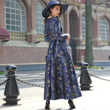 Good Quality Elegant Women Long Sleeve Maxi Dress Floral Jacquard Fall V Neck Lady Autumn Winter Party Fashion Formal Vestidos