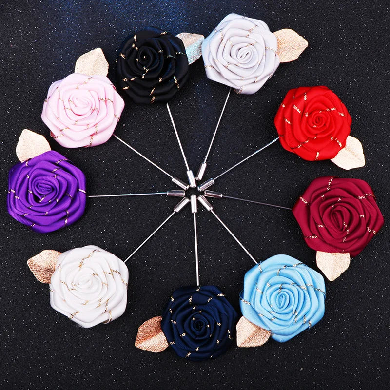 Men&#39;s Leaf Fabric Rose Flower Brooches Cloth Collar Long Needle Lapel Pin Gifts for Men Women Wedding Accessories Jewelry