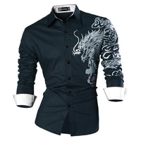 Sportrendy Men&#39;s Shirt Dress Casual Long Sleeve Fashion Dragon Stylish JZS091 Black