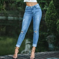 LOGAMI New Arrive Ripped Jeans With Beads Woman Stretchy Denim Pants Skinny Trousers For Women Jeans