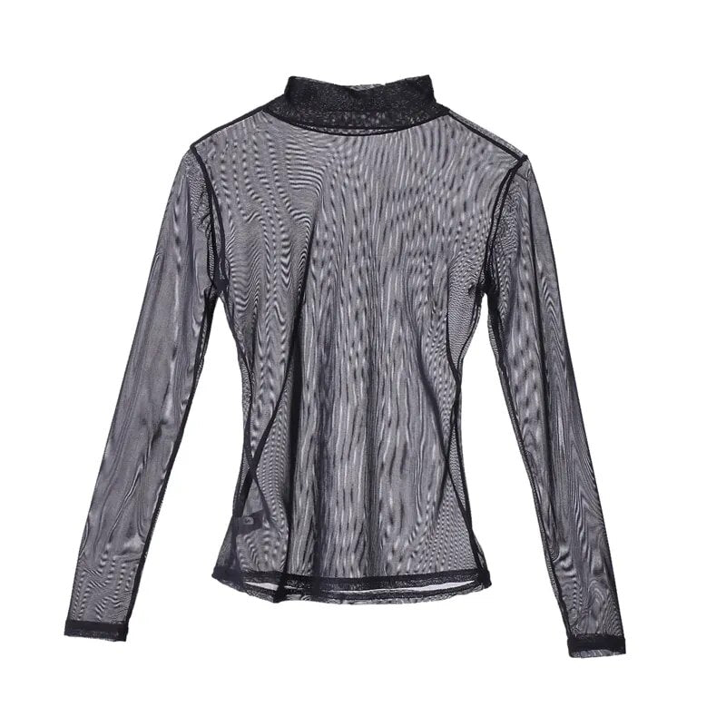 Women Sheer Mesh Fish Net Blouse Ladies Slim Long Sleeve Turtle Neck See-Through Mesh Top Hot Sale Black Pink sexy Club shirts