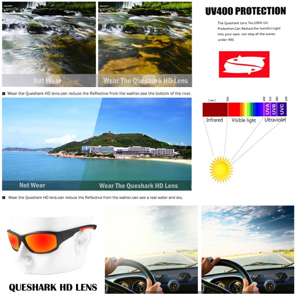 Queshark Polarized Fishing Sunglasses Men Women Climbing Camping Hiking Eyewear Fisherman Glasses UV400 Protection