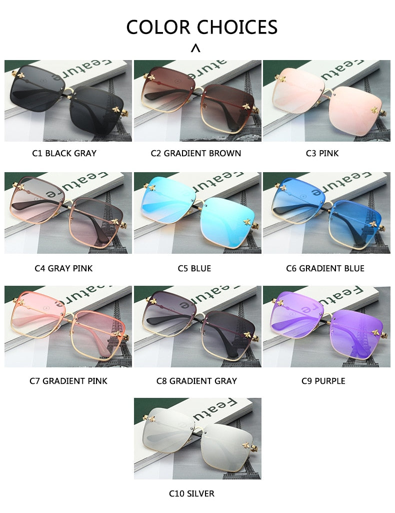 2023 New Fashion Lady Oversize Rimless Square Bee Sunglasses