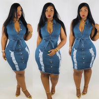 Sexy fashion sleeveless Bodycon Mini Dress Women Summer Vestidos 2021 Hole ripped jeans Dress Ladies vintage Washed Denim Dress