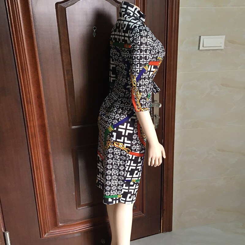 2019 Sexy Spring Print Women Casual Dress Zipper Stand Neck Half Sleeve Sexy Bodycon