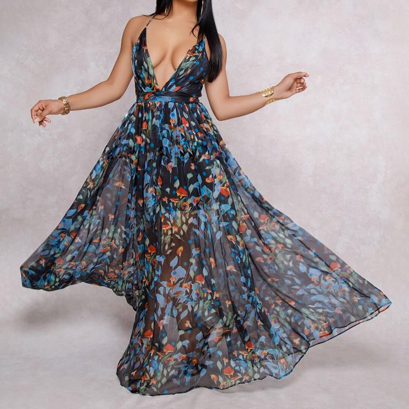 Women Dresses Summer Sexy Maxi Boho Style Print Party Dress Deep V Neck Backless Long Dress Vestidos