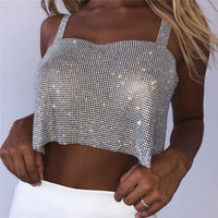 2023 Glitter Nightclub Backless Rhinestone Tank Top Women Sexy Metal Crystal Diamonds Sequined Night Club Party Wear Crop Top