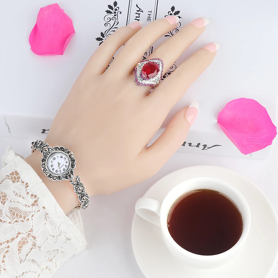 Wbmqda Fashion New Silver Color Ring With Red Stones For Women Vintage Crystal Zircon Fashion Luxury Party Engagement Jewelry