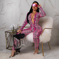 Sexy 2019 New Snake Skin Print Sexy Jumpsuit Streetwear Deep V-neck Long Sleeve