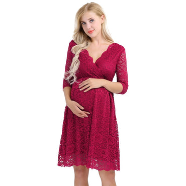 Womens Maternity Elegant Floral Lace Overlay V Neck Half Sleeve Knee Length Pregnant Photography Dress for Formal Evening Party
