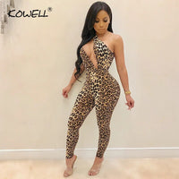 Leopard Print Women Sexy Jumpsuit Irregular One Shoulder Sleeveless Skinny Pants Romper High Stretchy Night Club Overalls