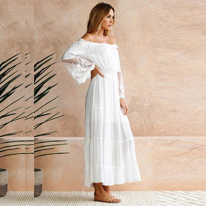 Women Strapless Long Sleeve Loose White Beach Dress Sexy Off Shoulder Lace Boho Women Maxi Dress