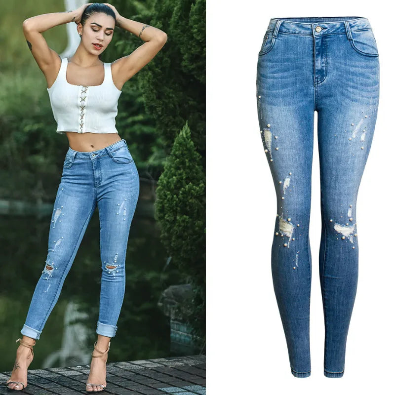 LOGAMI New Arrive Ripped Jeans With Beads Woman Stretchy Denim Pants Skinny Trousers For Women Jeans