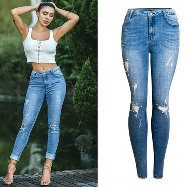 LOGAMI New Arrive Ripped Jeans With Beads Woman Stretchy Denim Pants Skinny Trousers For Women Jeans