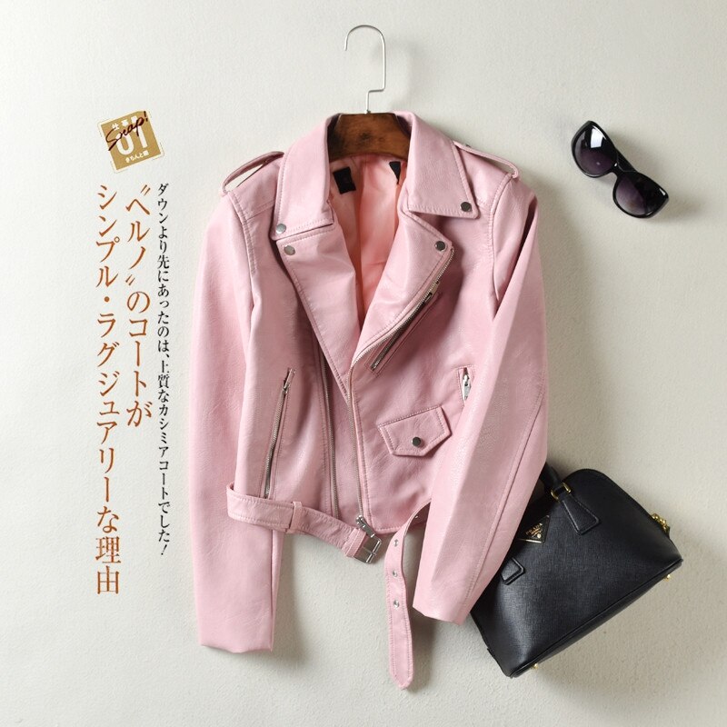 Jacket  PU Leather  Autumn Winter Street  Women&#39;s Short Washed Zipper Bright Colors Ladies Basic Motorcycle  Outwear  OverCoat