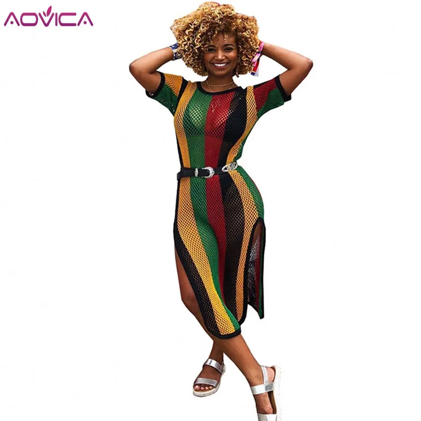 Aovica Special Design 2021 New Popular Casual Style Women Dress Striped Hollow Out O-neck Short Sleeve Midi Dress Vestidos