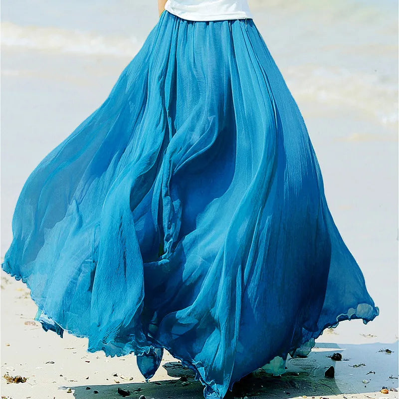 Fashion Women Chiffon Long Skirts High Waist Floor Length Ruffles White Summer Boho Maxi Skirt Saia Longa Faldas