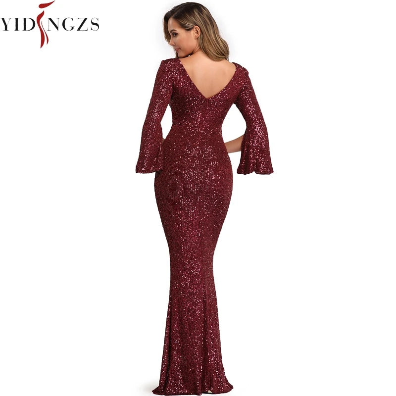 Gold Sequin Evening Dress Women Long Sleeve Dress YIDINGZS Elegant Party Maxi Dress Long Prom Dress