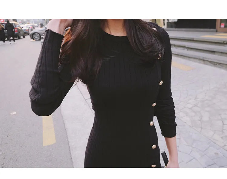 SMTHMA Winter Black Knitted Dress for Women Bodycon Dress Long Sleeve Elegant Button Warm Trumpet Mermaid Sweater Dress Female