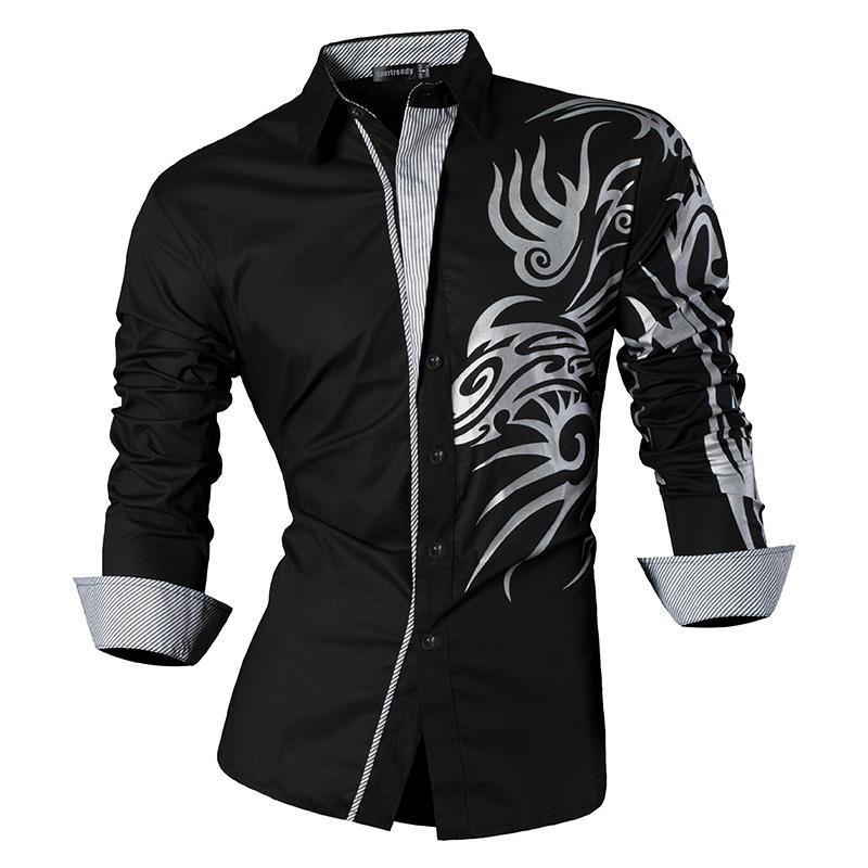 Sportrendy Men&#39;s Shirt Dress Casual Long Sleeve Fashion Dragon Stylish JZS091 Black