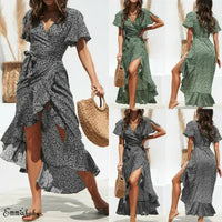 Fashion Vintage Dot Dress Women V Neck Ruffle Dress Ladies Summer Holiday Beach Dress Plus Size S-2XL