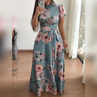 2018 Autumn New Casual Dress Women Short Sleeve Printed Dresses O Neck Bandage Belt Maxi Dress Vestidos Female Irregular Robe