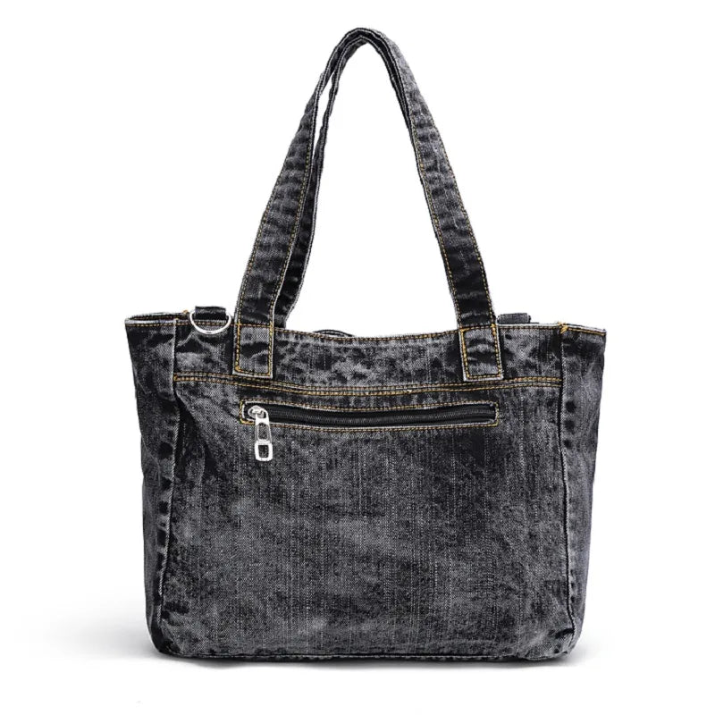 Casual Fashion Zipper Trendy Design Denim-wash Vintage Women Tote Bags Lady Handbags Jeans Denim Shoulder Bag Messenger bags