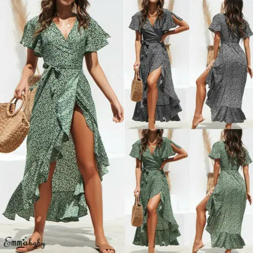 Fashion Vintage Dot Dress Women V Neck Ruffle Dress Ladies Summer Holiday Beach Dress Plus Size S-2XL