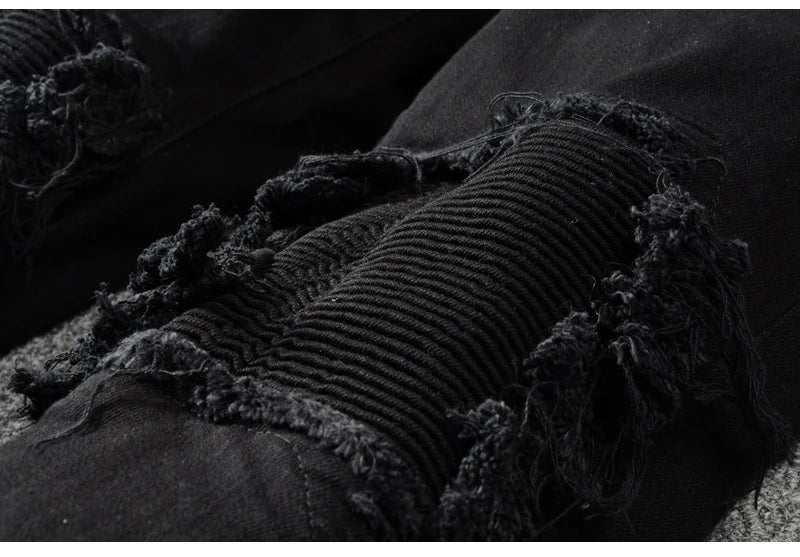 Sokotoo Men's black patchwork stretch denim biker jeans for motorcycle Slim fit skinny ripped pencil pants