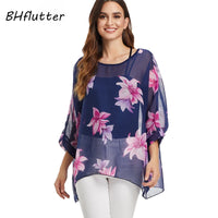 BHflutter White Blouse Shirt Women Fashion Batwing Casual Summer Tops Tees Ladies Print Chiffon Blouses Streetwear Plus Size
