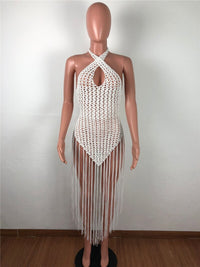 Sexy Adogirl Hand Crochet Fishnet Long Tassel Summer Beach Dress Fashion Sexy Halter Backless Maxi Dress