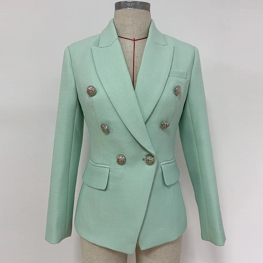 HIGH STREET 2024 Classic Baroque Designer Jacket Women's Metal Lion Buttons Double Breasted Textured Blazer Mint Green