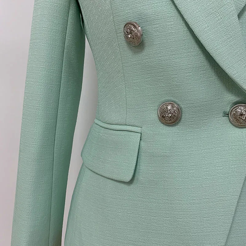 HIGH STREET 2024 Classic Baroque Designer Jacket Women's Metal Lion Buttons Double Breasted Textured Blazer Mint Green