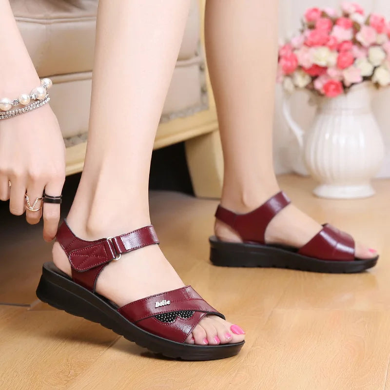 WOIZGIC Women Mother Old Female Sandals Shoes Cow Genuine Leather Casual PU Hook Loop Summer Beach Cool Size 35-41 HD-B01