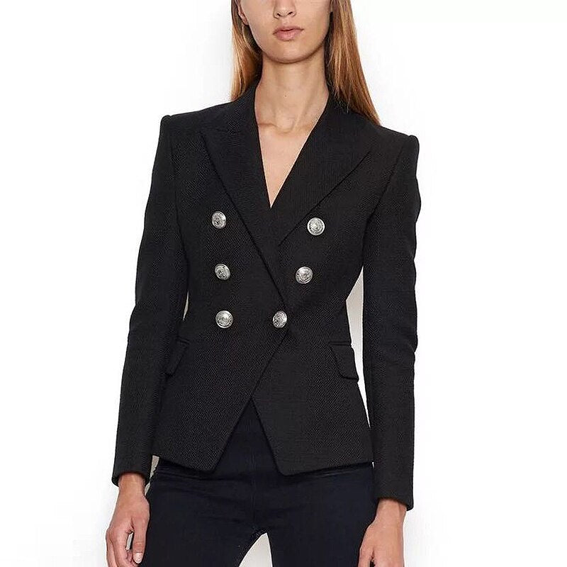 HIGH STREET 2023 Classic Designer Blazer Women's Double Breasted Metal Lion Silver Buttons Pique Blazer Jacket