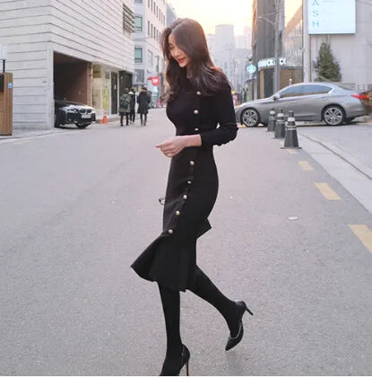 SMTHMA Winter Black Knitted Dress for Women Bodycon Dress Long Sleeve Elegant Button Warm Trumpet Mermaid Sweater Dress Female